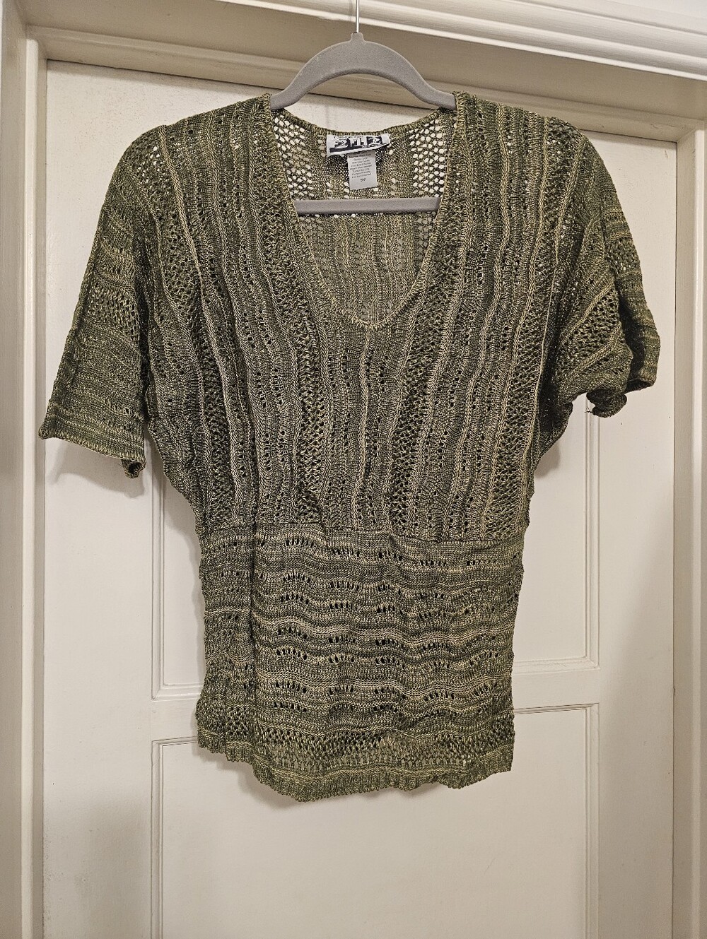 Knit Open-Weave Bat Wing Top in Olive Green